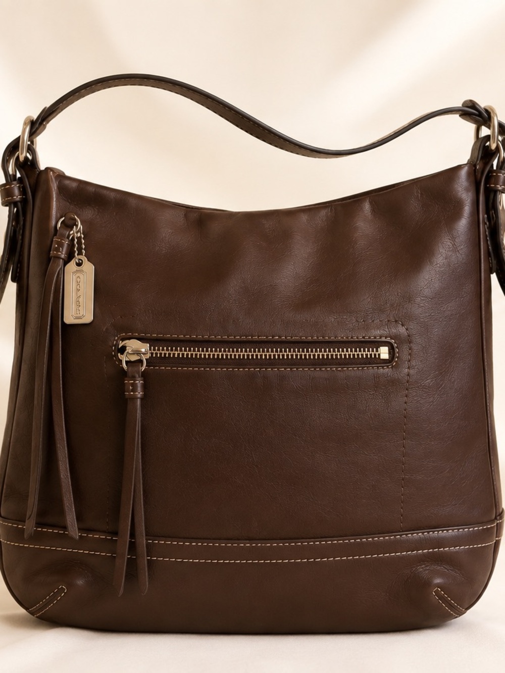 Vintage Coach Chocolate Brown Leather Hobo with Tassel and Front Zip